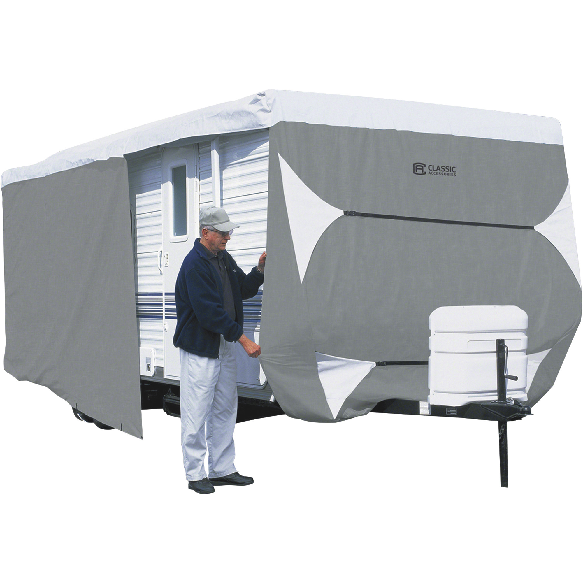 Classic Accessories OverDrive PolyPRO 3 Deluxe Travel Trailer Cover, Gray and White, Fits 38ft.L-40ft.L x 124in.H Travel Trailers, Model# 80-357-223101-RT